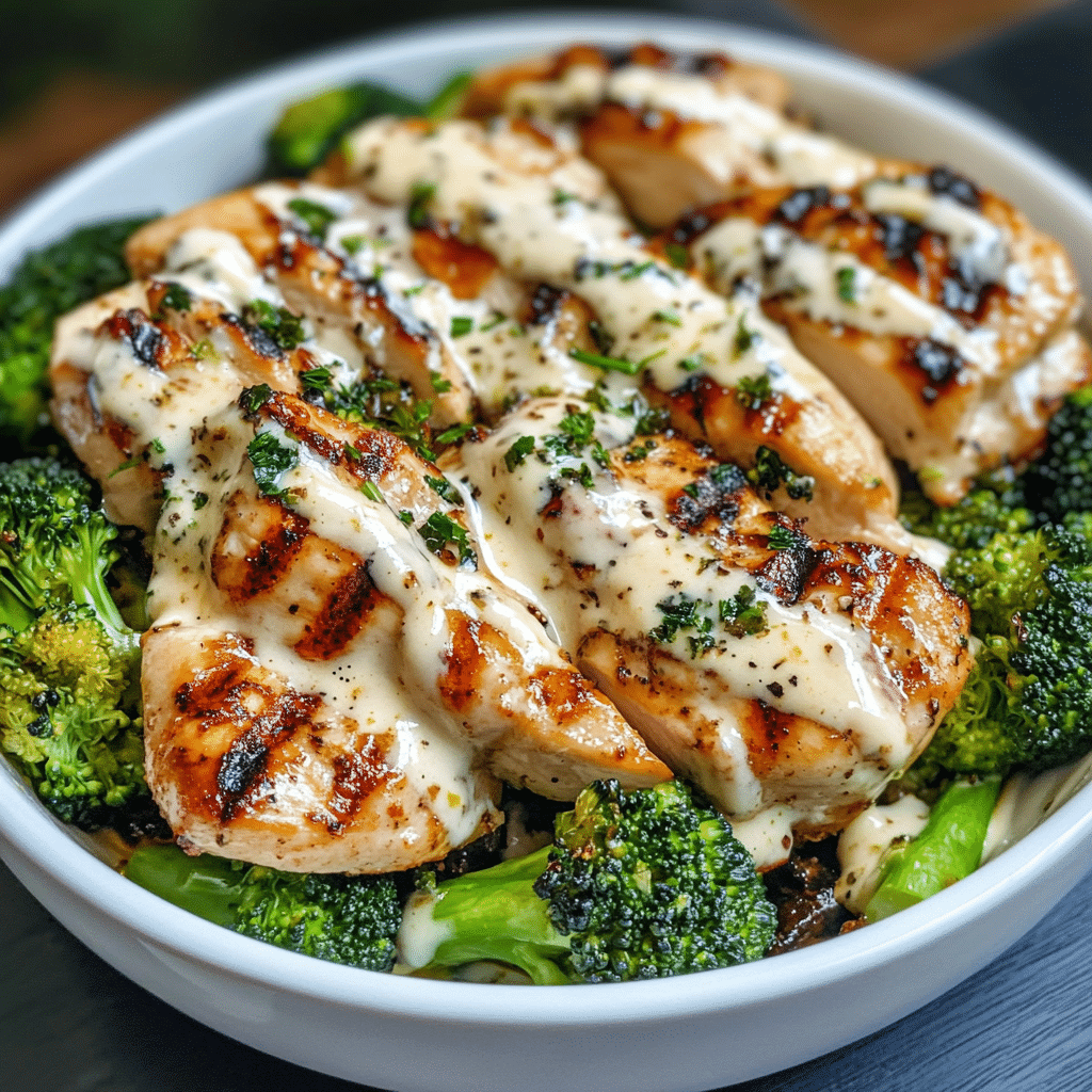 Grilled Chicken & Broccoli Bowls with Creamy Garlic Sauce