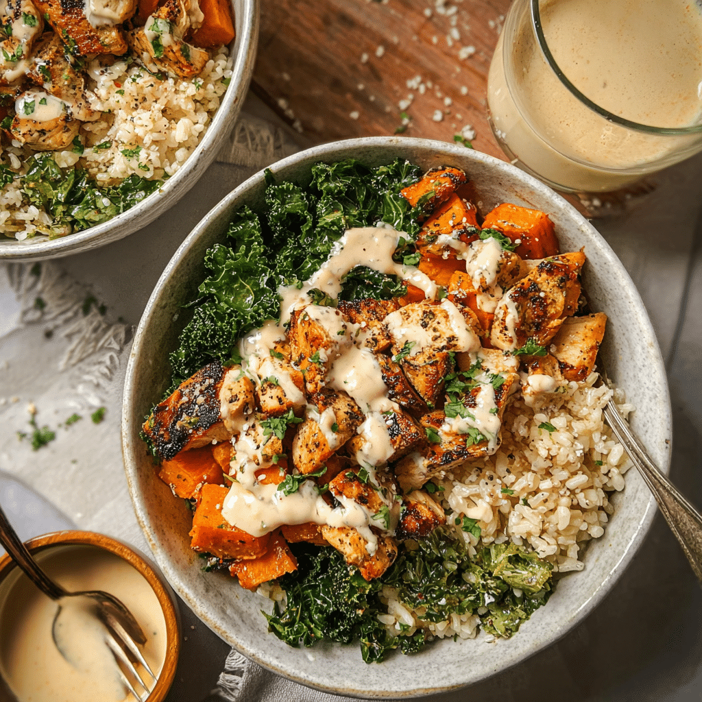 Roasted Sweet Potato, Chicken, Kale, and Rice Bowls for Two
