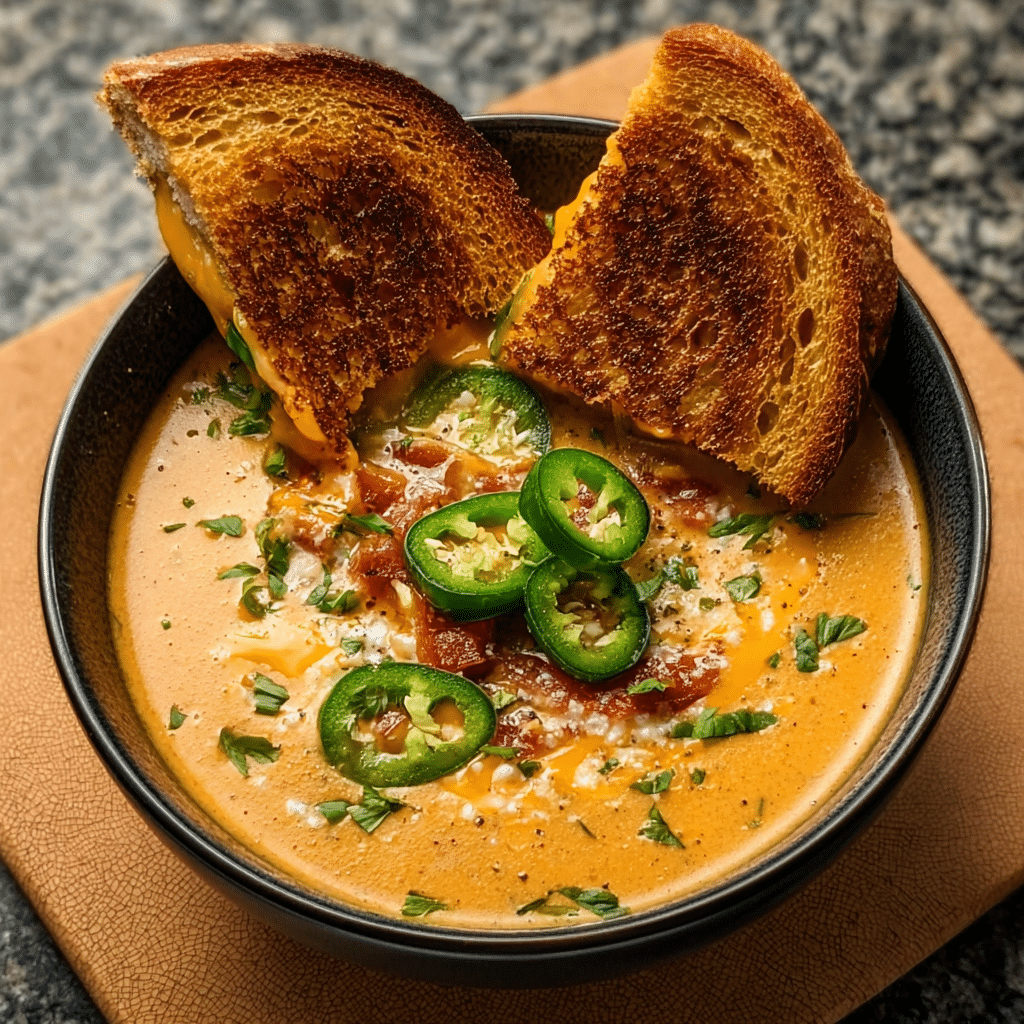 Spicy Jalapeño Popper Soup with Grilled Cheese Dippers