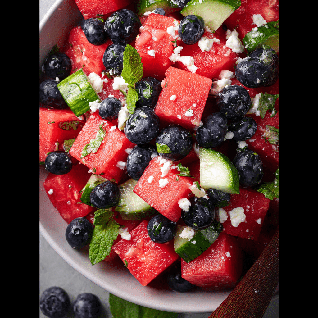 Watermelon Feta Salad with Cucumber and Blueberries
