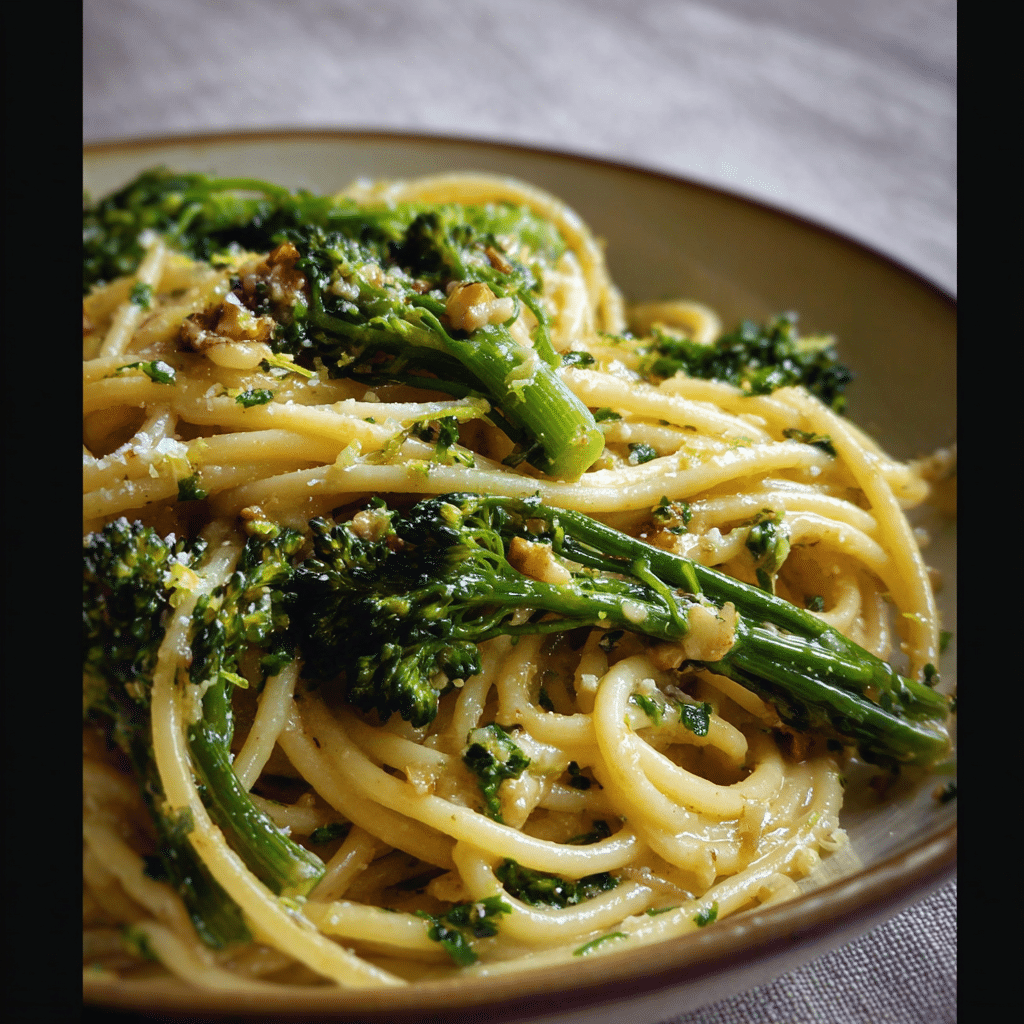 Pasta & Purple Sprouting Broccoli with Anchovies, Garlic & Preserved Lemon